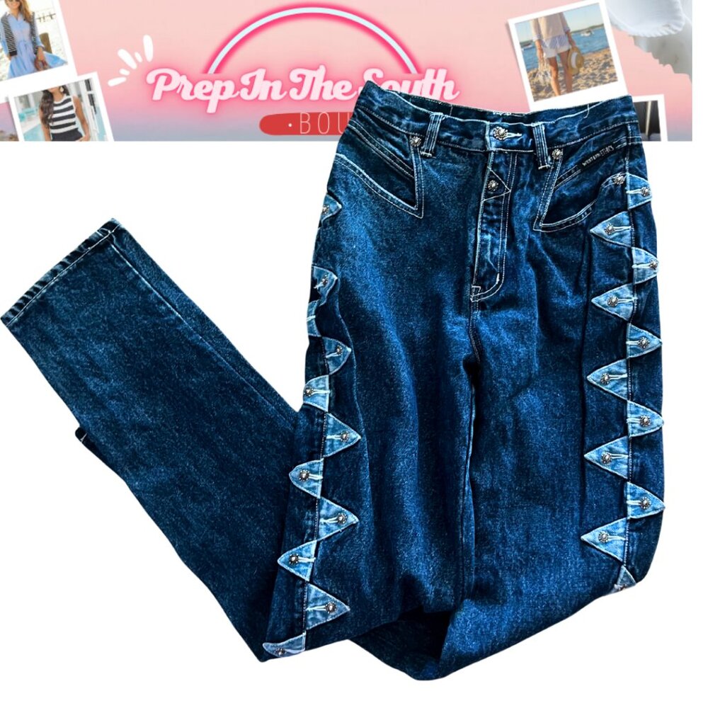 Vintage 90s Western Ethics Two-Tone Studded High Waisted Jeans (Sz 5) 26”
